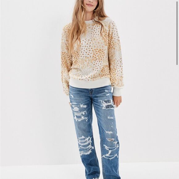 American Eagle Outfitters Tops - AE XXL Bandana Patchwork White Natural Yellow Print Crewneck Sweatshirt